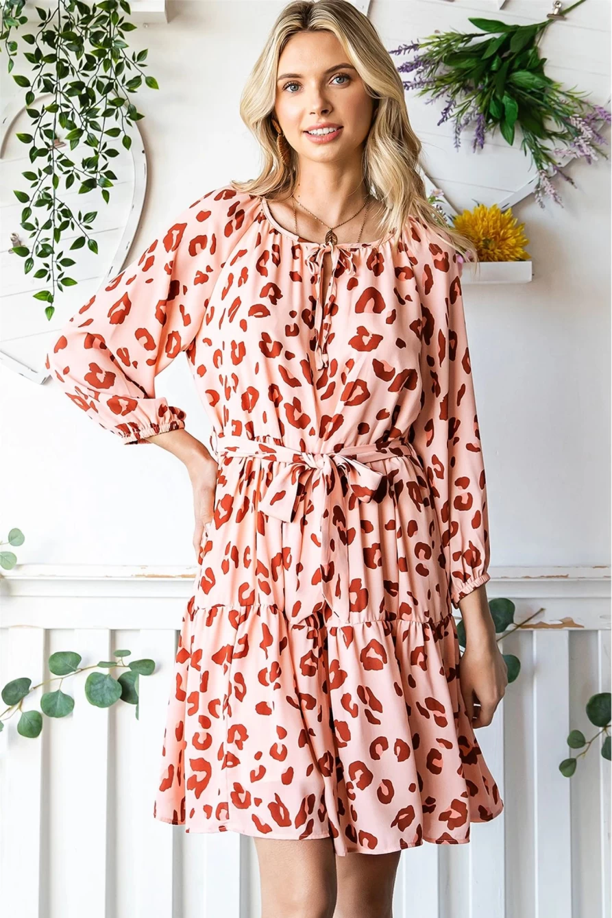 Shewin Women's Pink Leopard Print Casual Dress with 3/4 Sleeves and Tie Waist