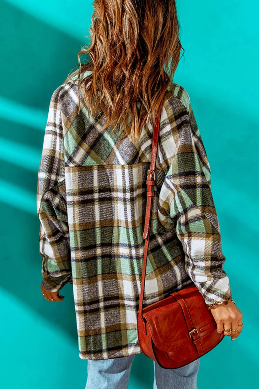 Women's Green Plaid Casual Button-Up Shacket for Fall | Shewin