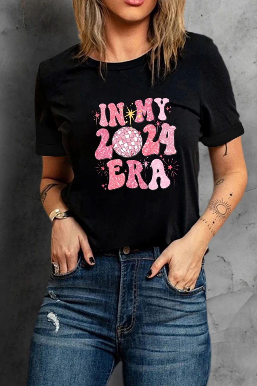 Shewin Women's 2024 New Year Sequin Graphic Tee - Black Glitter Top for Celebrations