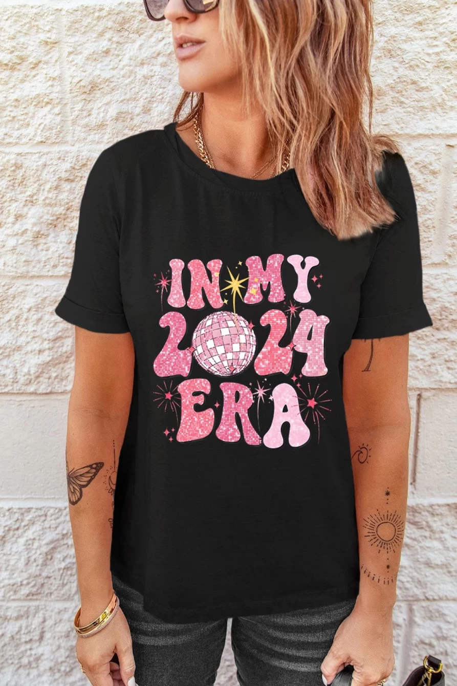Shewin Women's 2024 New Year Sequin Graphic Tee - Black Glitter Top for Celebrations