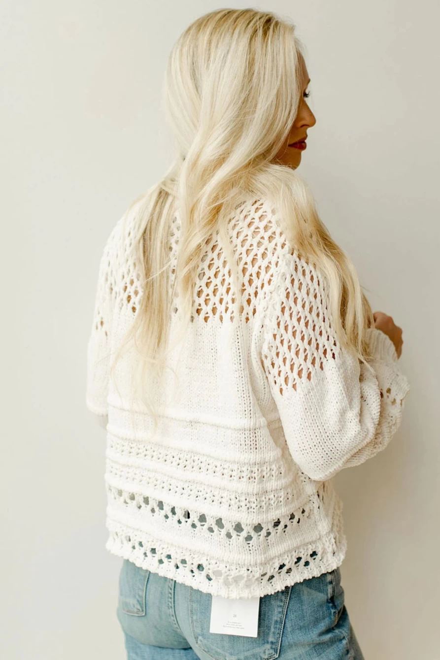 Shewin Women's White Solid Color Pointelle Knit Puff Sleeve Sweater