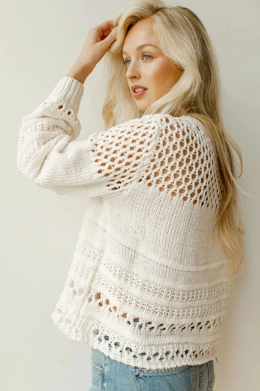 Shewin Women's White Solid Color Pointelle Knit Puff Sleeve Sweater