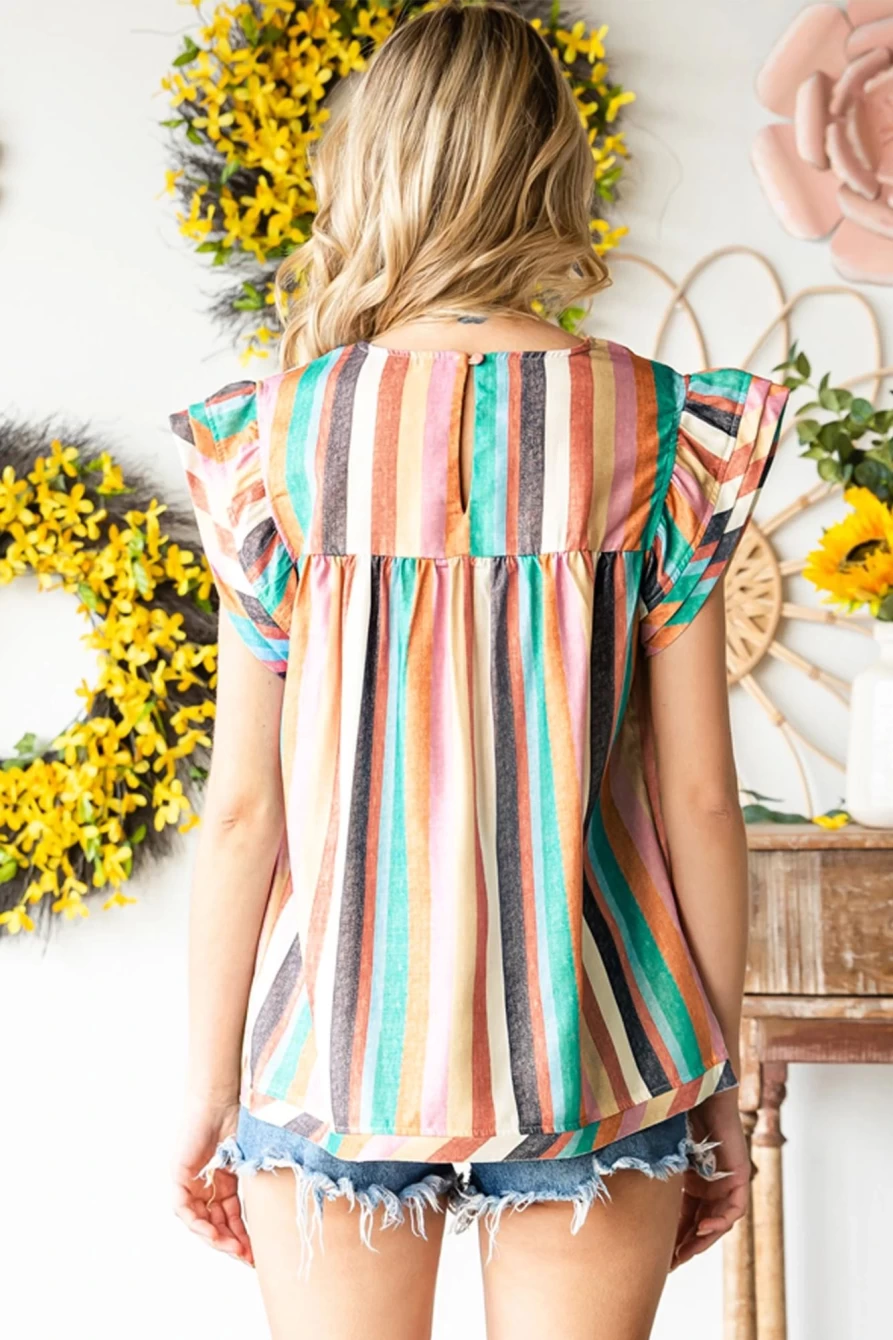 Shewin Women's Multicolor Striped Blouse with Keyhole Detail & Layered Sleeves