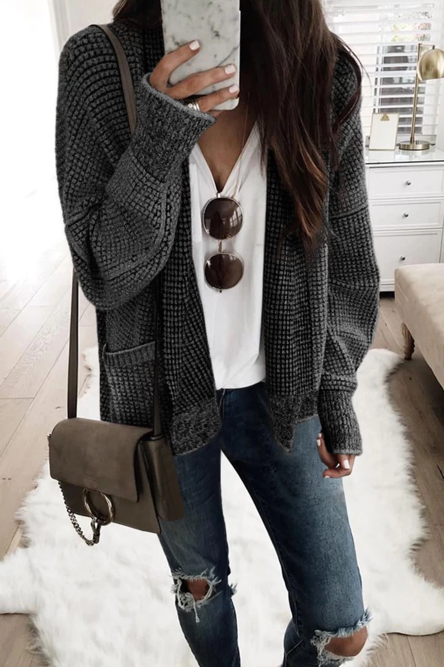 Shewin Women's Black Chunky Knit Cardigan with Drop Sleeves and Pockets