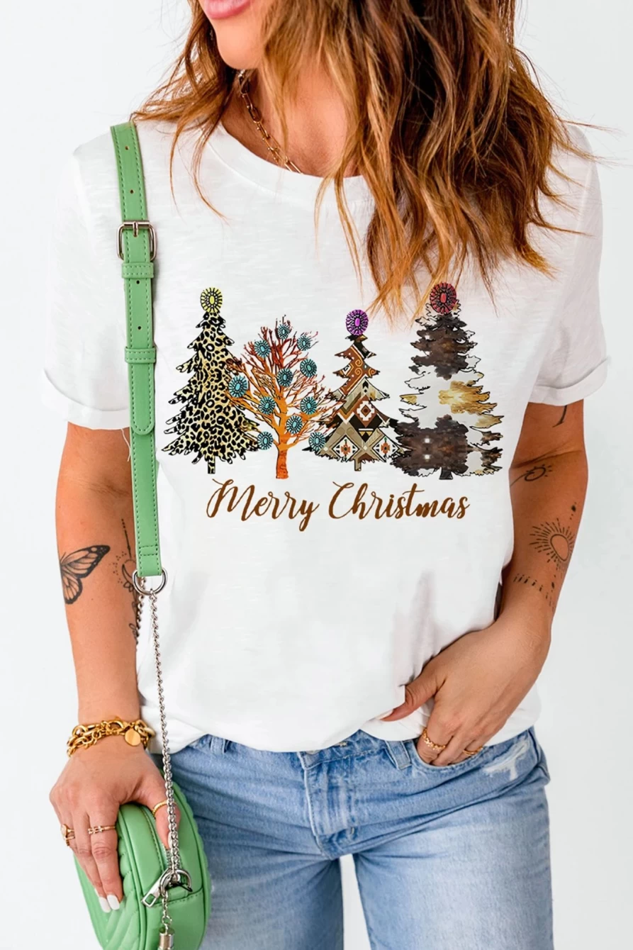 "SheWin Women's White Christmas Graphic Tee with Turquoise Tree Design"