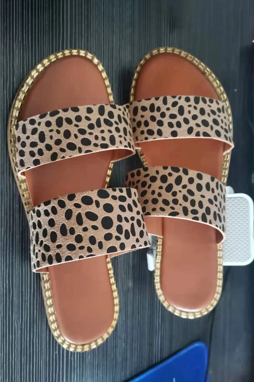 Women's Leopard Print Casual Flat Slide Sandals by Shewin - Comfortable Strappy Slippers
