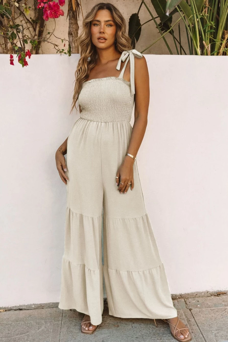 Shewin Women's Apricot Tie-Strap Shirred Tiered Wide Leg Jumpsuit - Casual Boho Romper