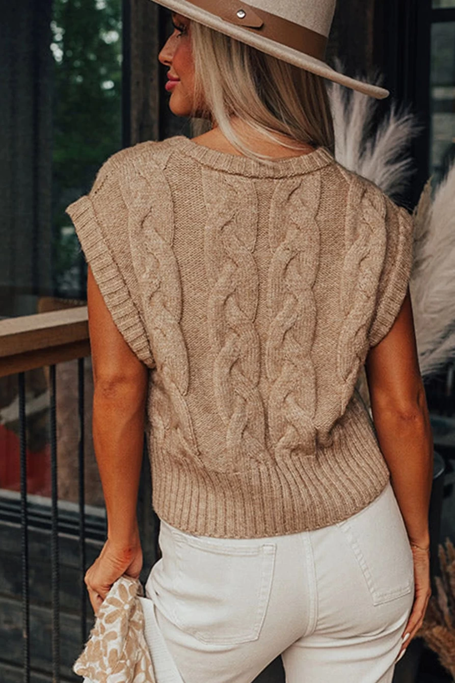 Women's Light French Beige Cap Sleeve Cable Knit Sweater | Shewin Cozy Winter Pullover