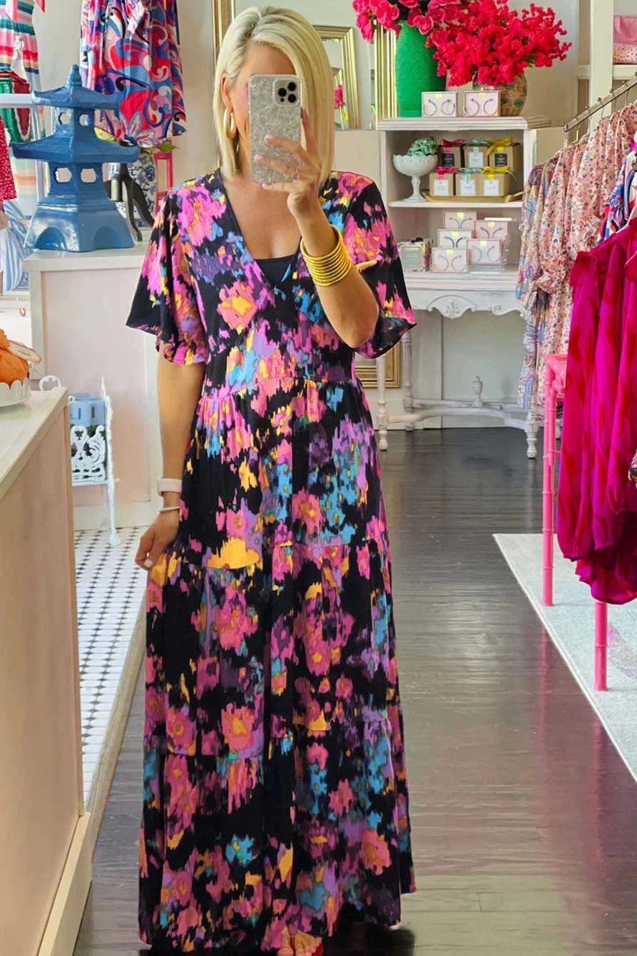 Shewin Women's Black Abstract Floral Maxi Dress with Flutter Sleeves & Tiered Design