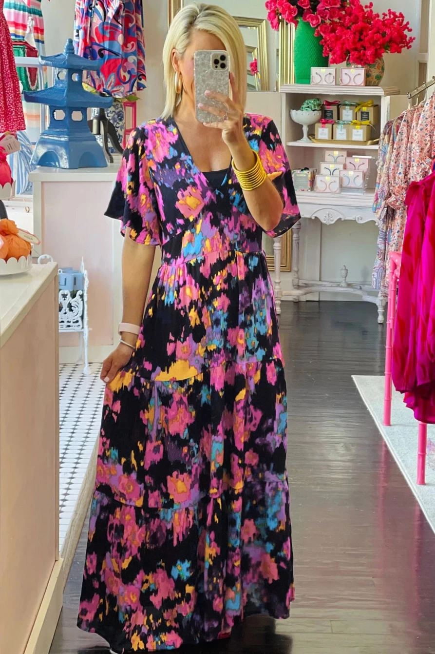 Shewin Women's Black Abstract Floral Maxi Dress with Flutter Sleeves & Tiered Design