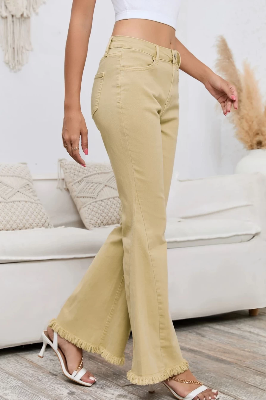 Shewin Women's High Waisted Khaki Raw Hem Flared Bell Bottom Jeans