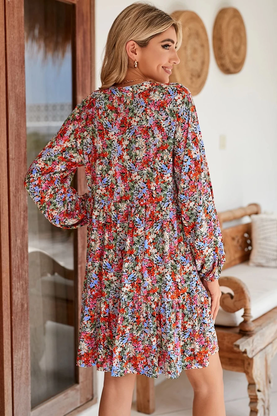Shewin Women's Multicolor Floral Print Long Sleeve Flared Tie Neck Dress