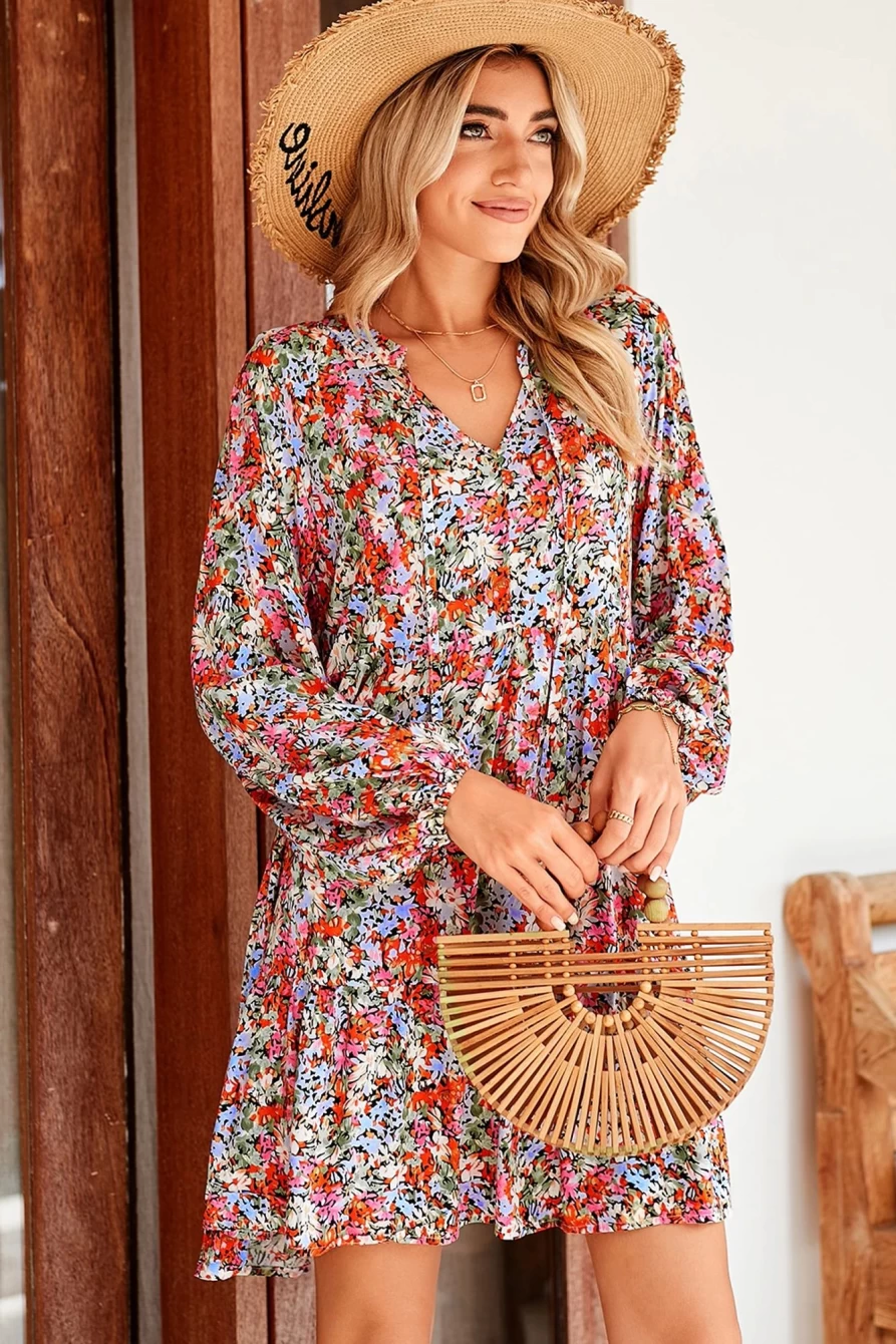 Shewin Women's Multicolor Floral Print Long Sleeve Flared Tie Neck Dress