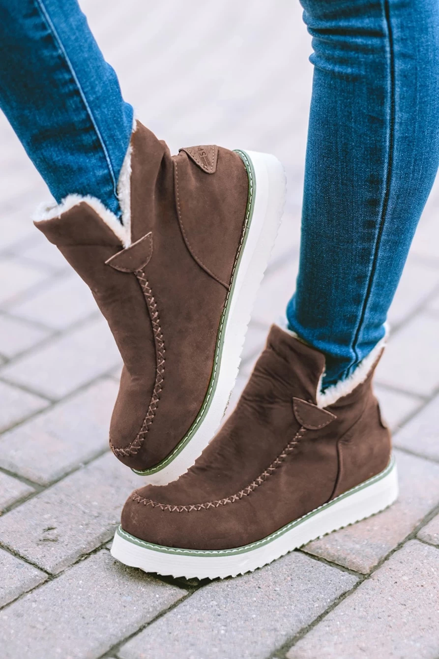 Shewin Women's Chestnut Suede Winter Boots with Plush Lining & Stitching Detail