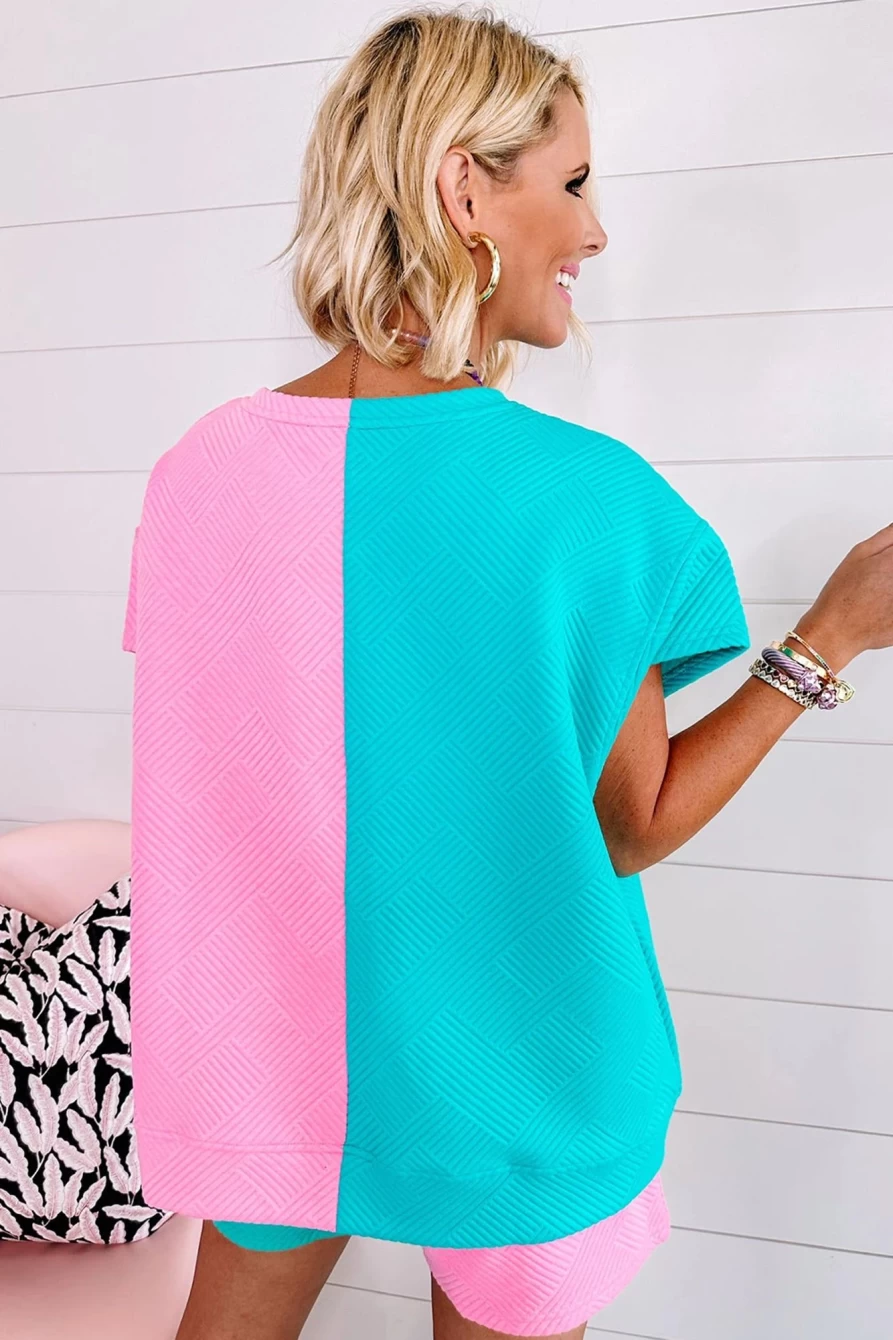 Shewin Women's Pink Textured Colorblock T-Shirt and Shorts Set