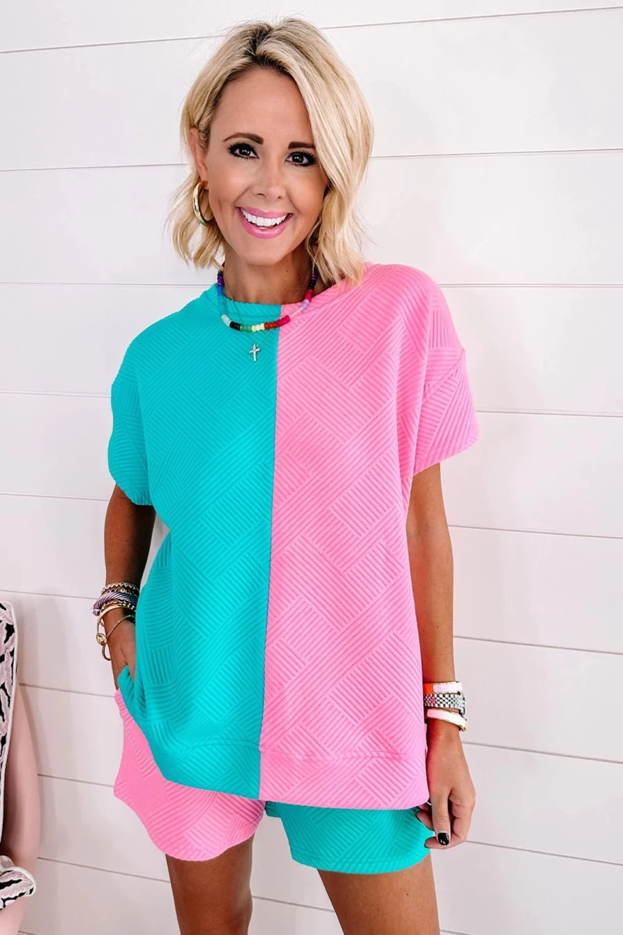 Shewin Women's Pink Textured Colorblock T-Shirt and Shorts Set