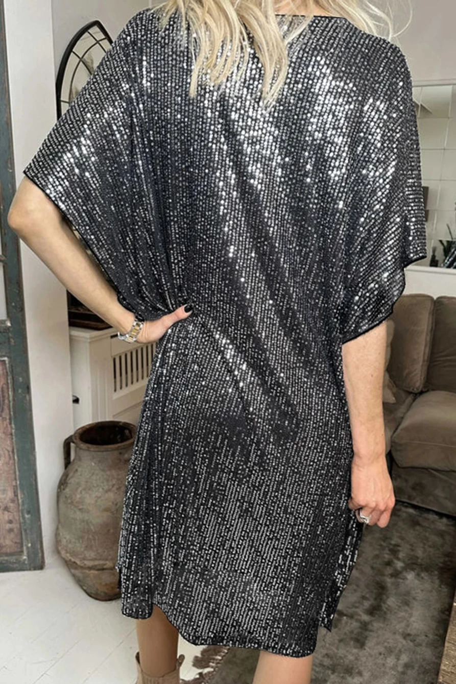 Shewin Women's Dark Grey Sequin V-Neck Dolman Sleeve Shift Dress
