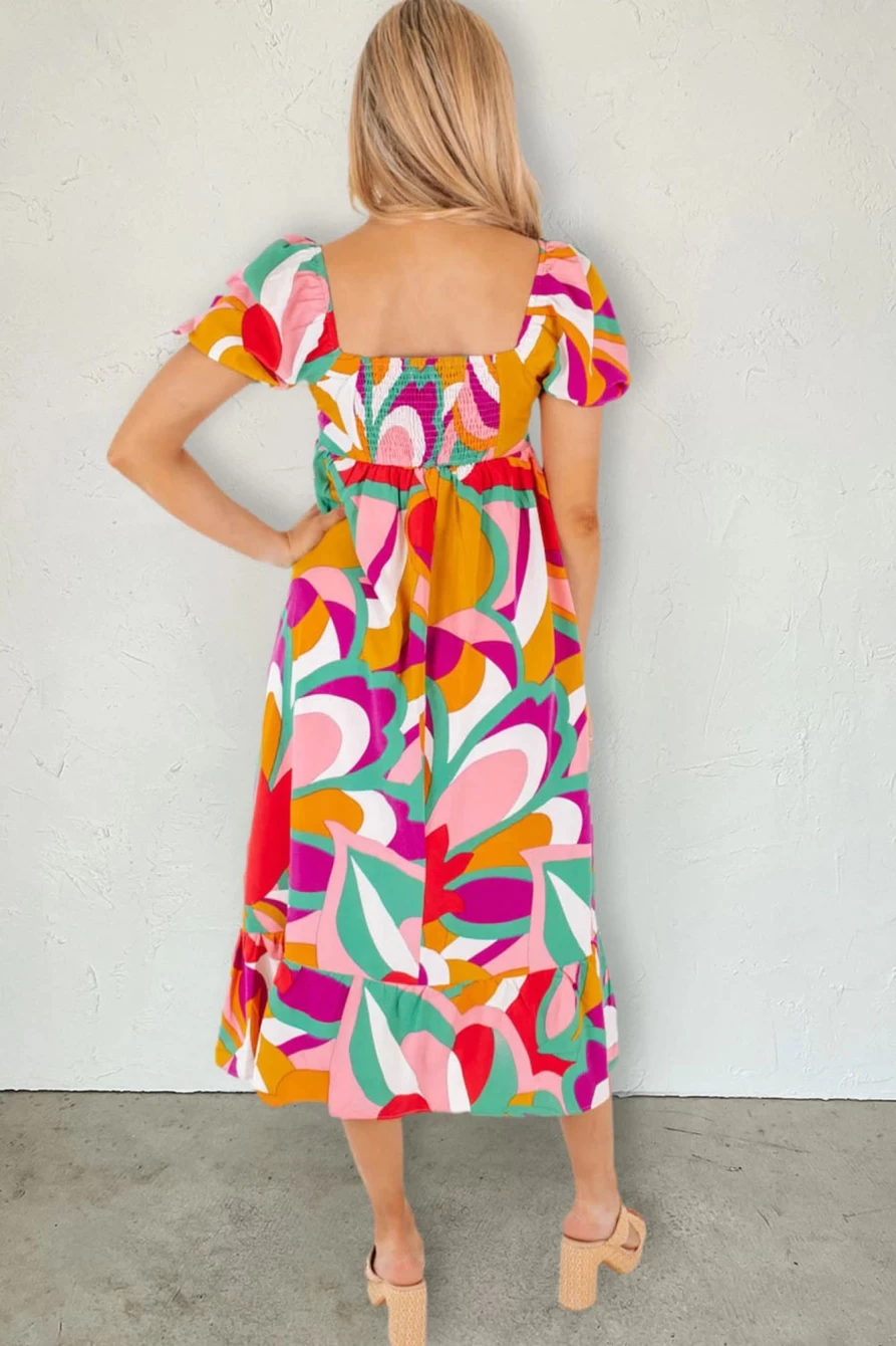 Shewin Women's Red Abstract Print Square Neck Flowy Midi Dress