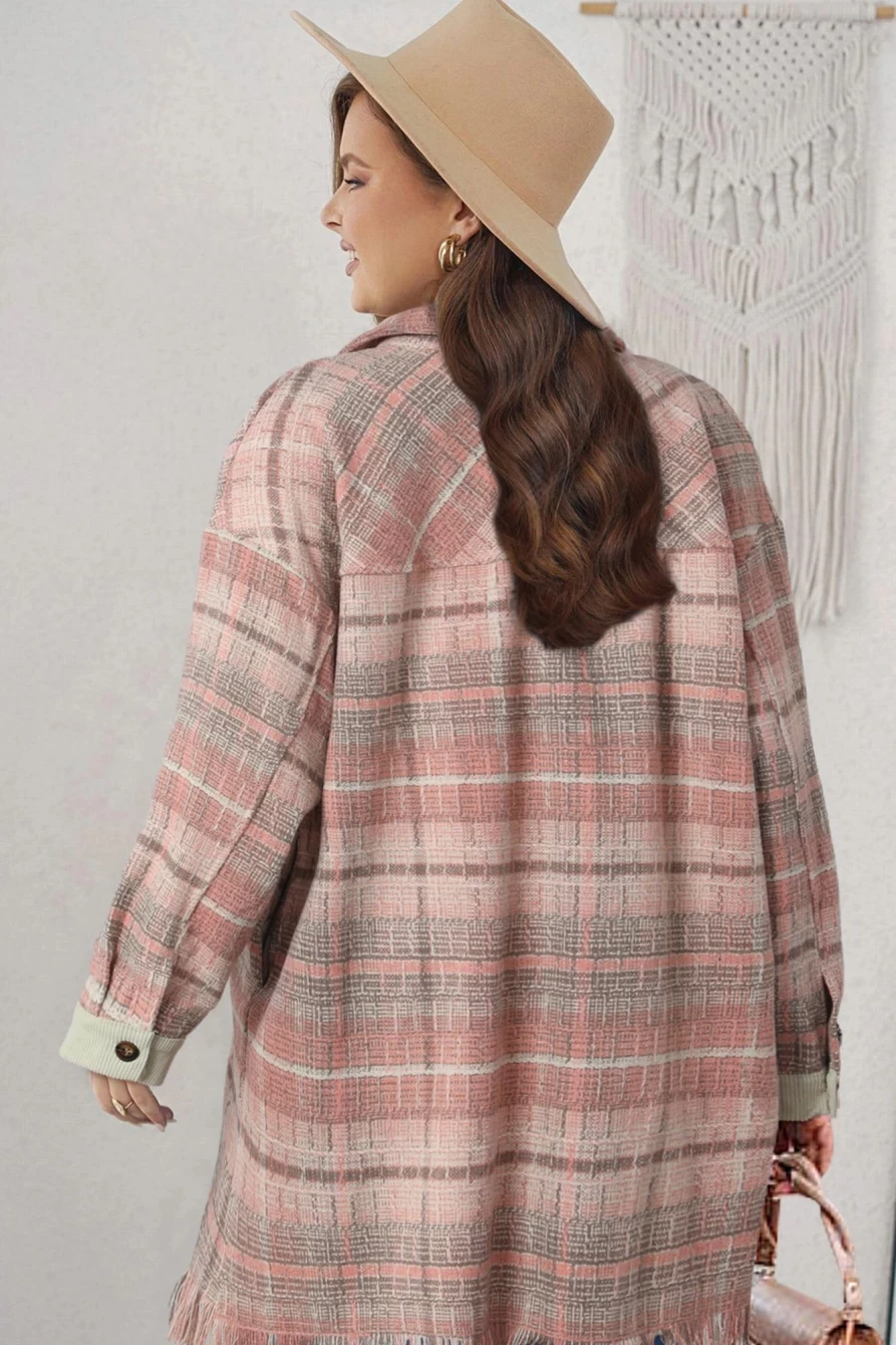 Shewin Women's Pink Plus Size Plaid Fringe Hem Midi Coat - Stylish & Trendy Outerwear