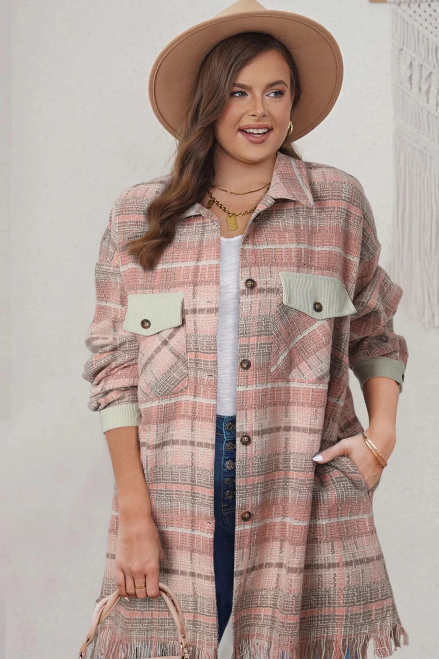 Shewin Women's Pink Plus Size Plaid Fringe Hem Midi Coat - Stylish & Trendy Outerwear