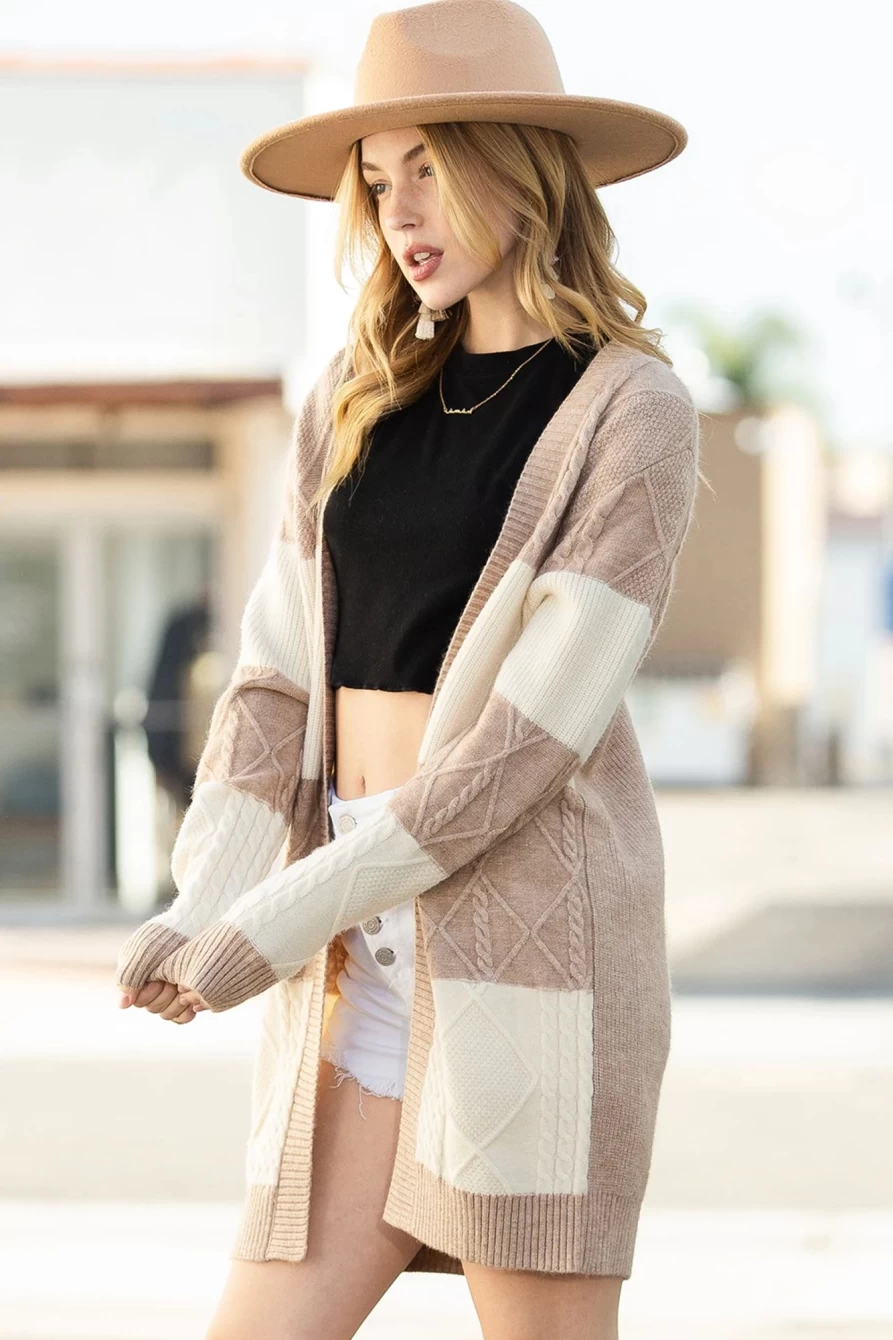 Shewin Women's Parchment Color Block Textured Knit Open Front Cardigan Sweater