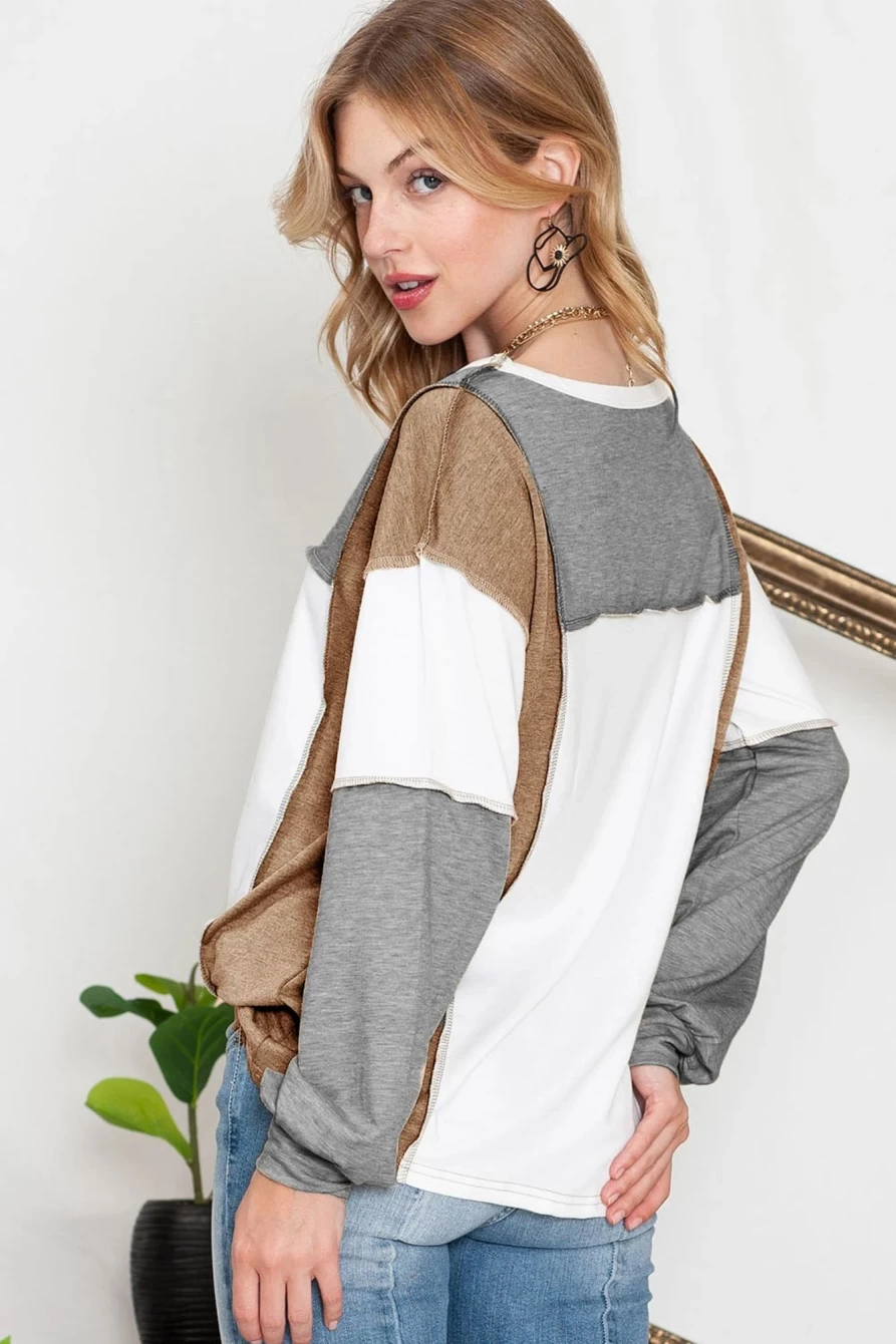 Shewin Women's Medium Grey Color Block Long Sleeve Top with Exposed Seam Detail