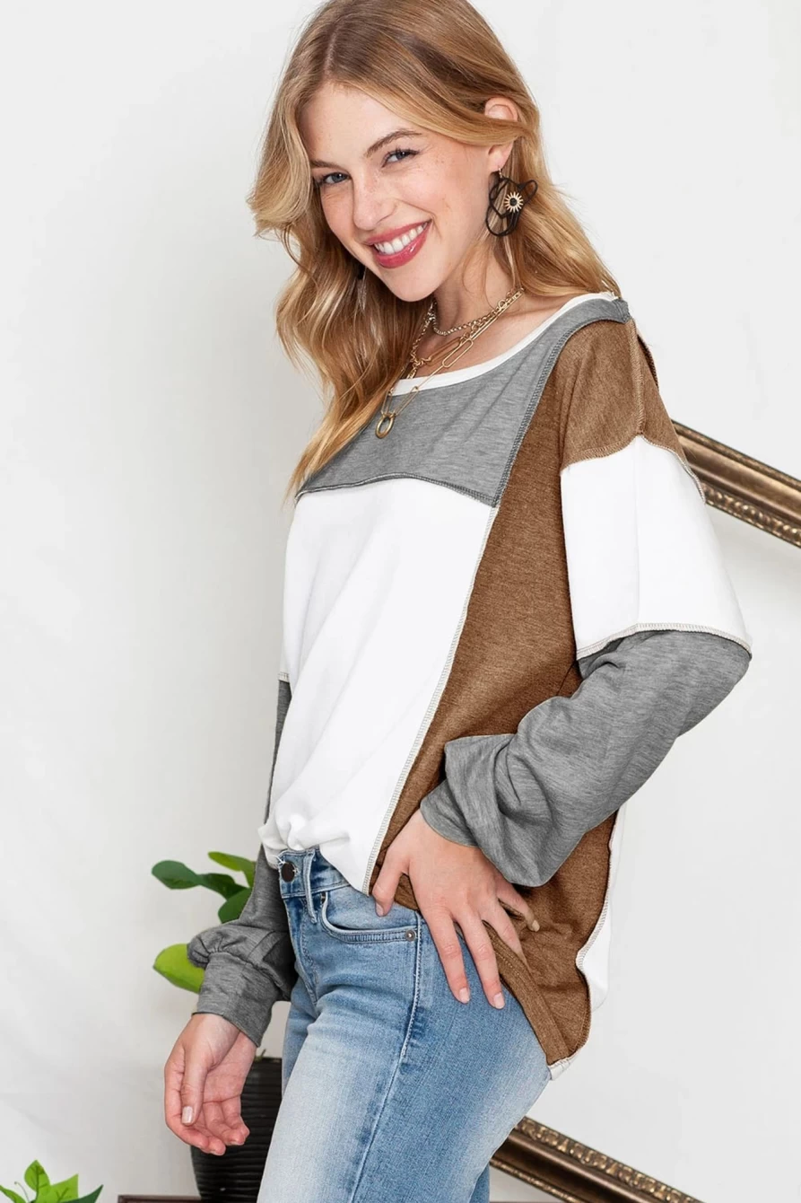 Shewin Women's Medium Grey Color Block Long Sleeve Top with Exposed Seam Detail