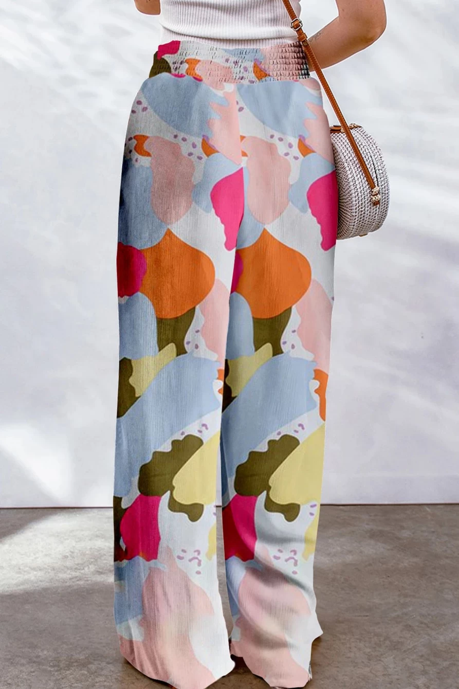 Shewin Women's Multicolor Flowy Wide Leg Pants with Color Palette Print