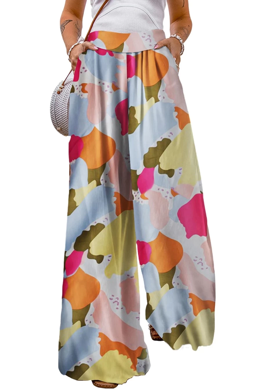 Shewin Women's Multicolor Flowy Wide Leg Pants with Color Palette Print