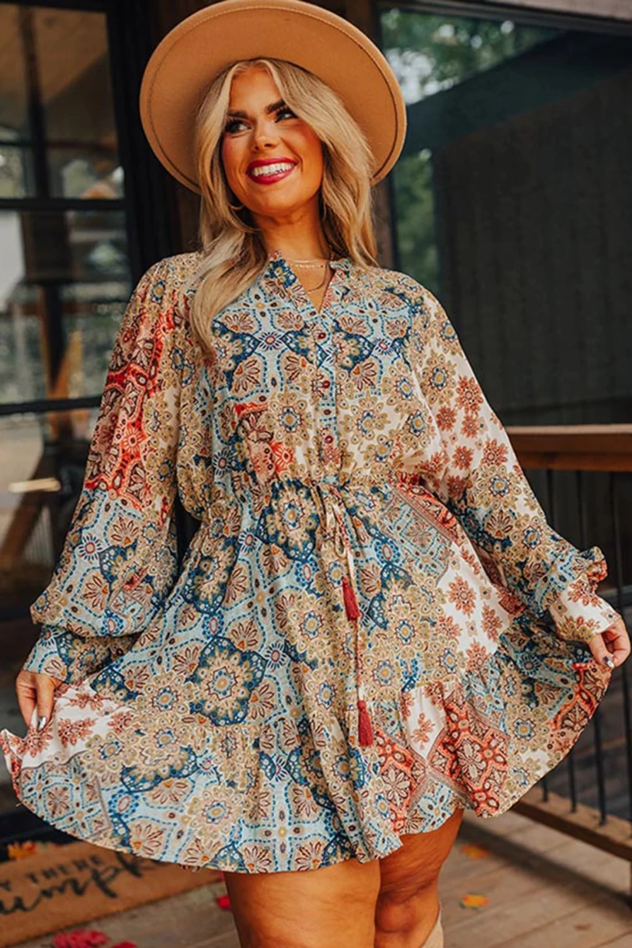 Shewin Women's Brown Floral Print Plus Size Mini Dress with Drawstring Waist