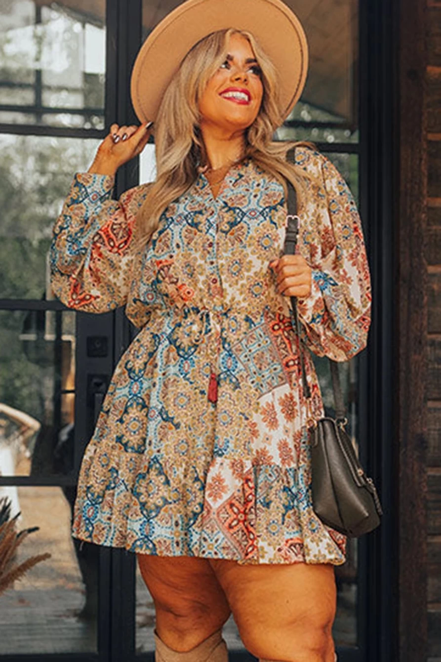 Shewin Women's Brown Floral Print Plus Size Mini Dress with Drawstring Waist