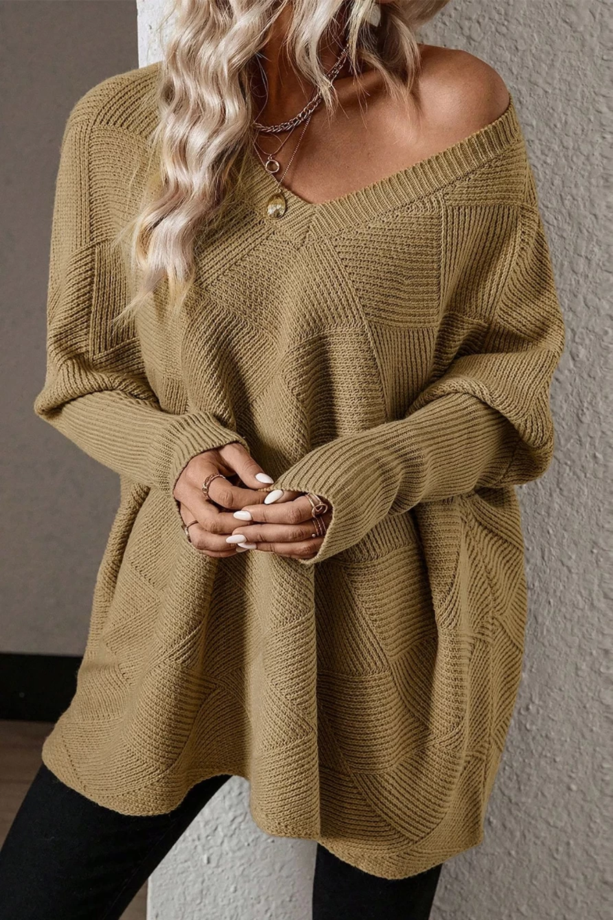 Shewin Women's Camel Oversized V-Neck Batwing Sleeve Sweater