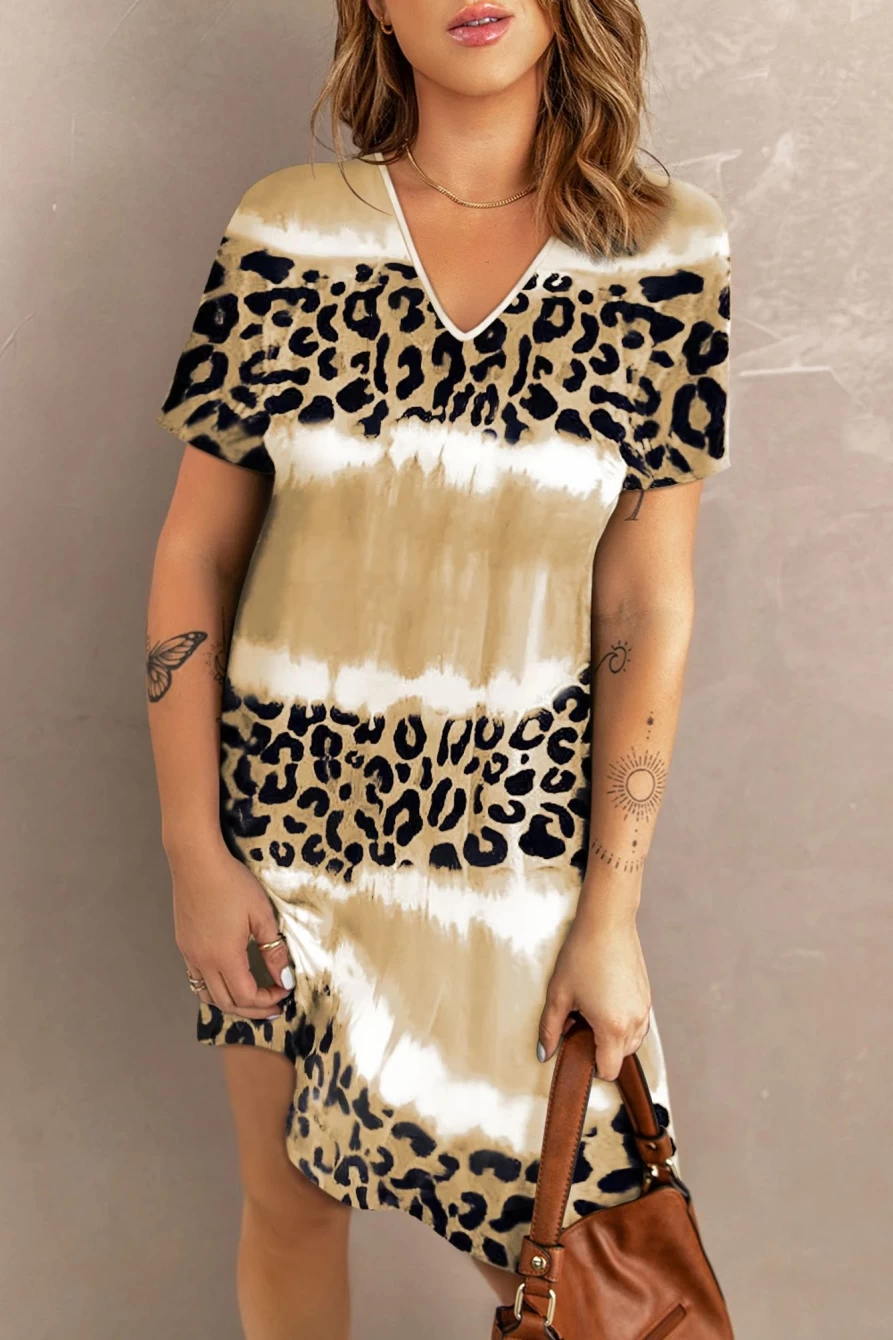Shewin Women's Yellow Leopard Tie Dye V-Neck T-Shirt Dress Color Block Casual Summer Outfit