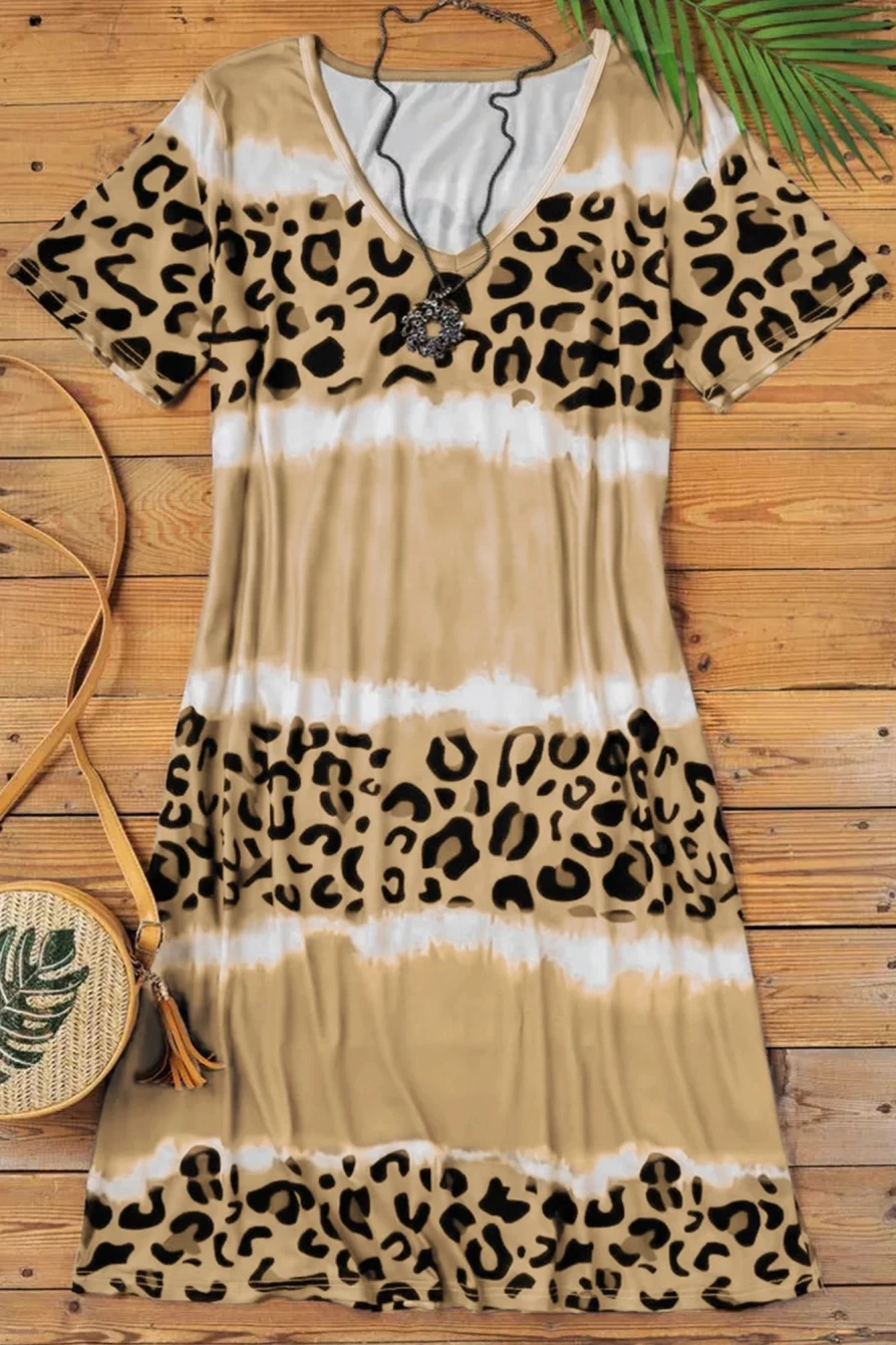 Shewin Women's Yellow Leopard Tie Dye V-Neck T-Shirt Dress Color Block Casual Summer Outfit