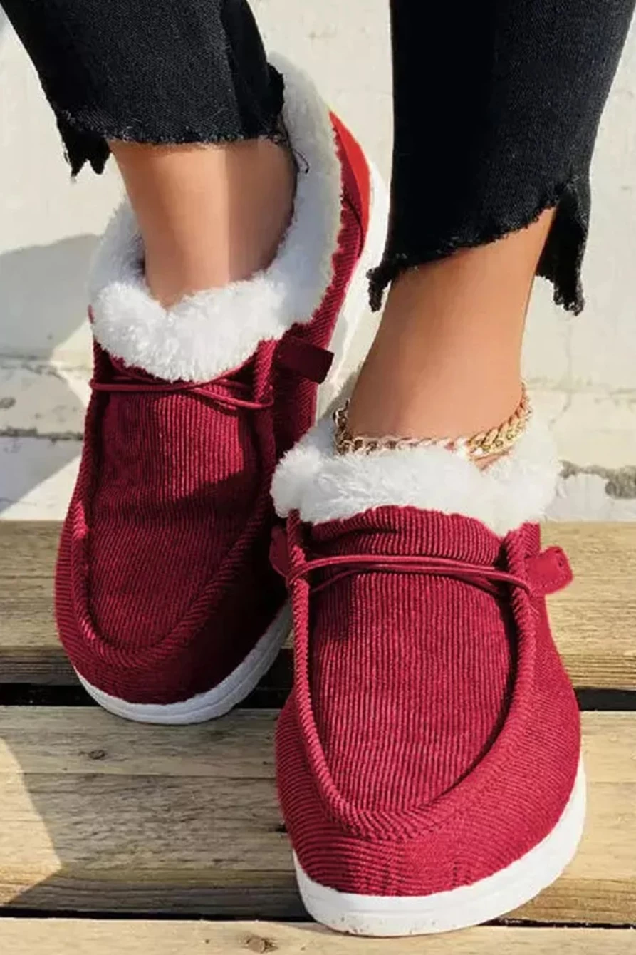 "Shewin Women's Fiery Red Corduroy Lace-Up Slip-On Shoes with Fur Lining"