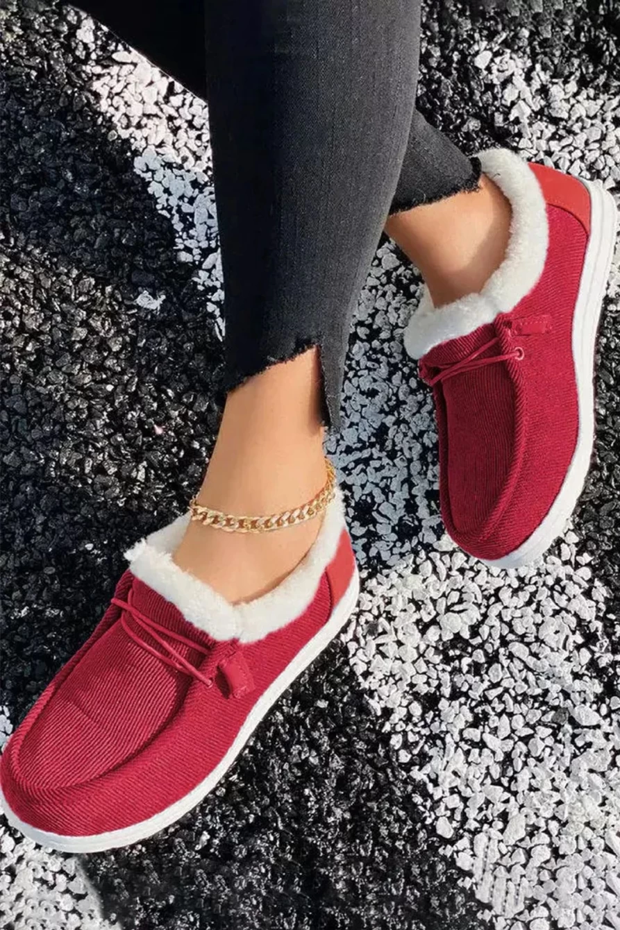 "Shewin Women's Fiery Red Corduroy Lace-Up Slip-On Shoes with Fur Lining"