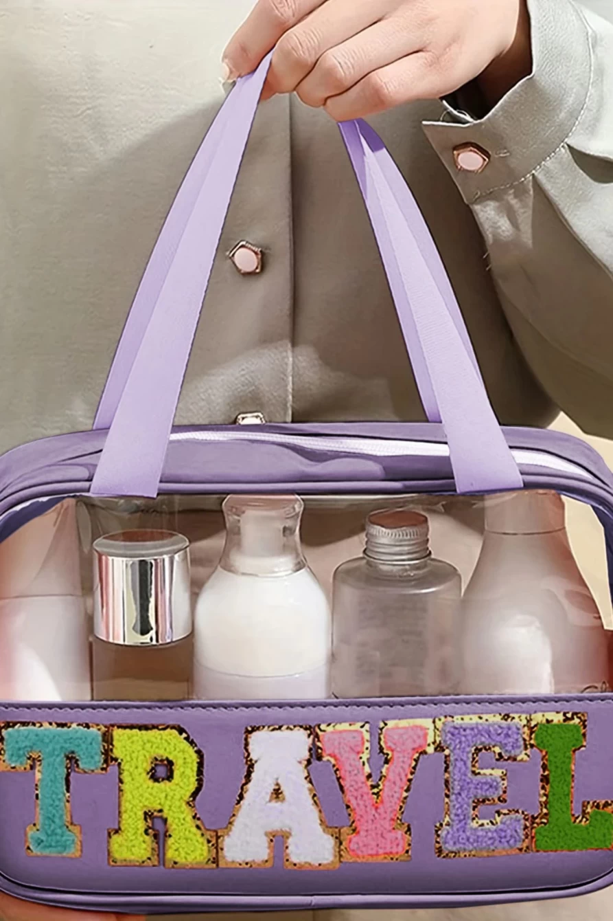 Shewin Women's Pink Purple Travel Makeup Bag with Chenille Letter & Clear PVC Design