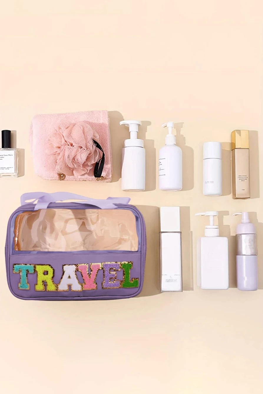 Shewin Women's Pink Purple Travel Makeup Bag with Chenille Letter & Clear PVC Design