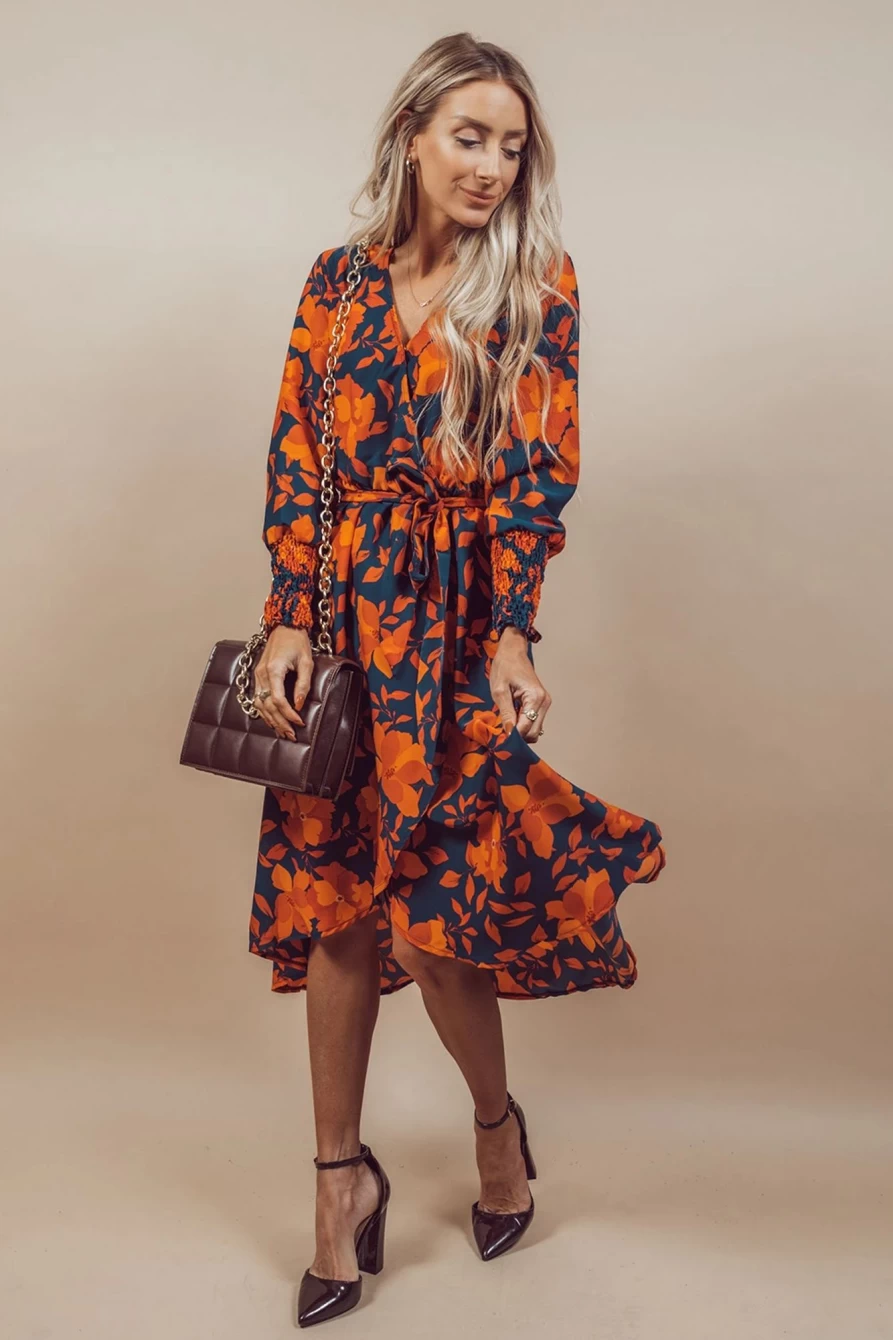 Shewin Women's Orange Floral Print Wrap V-Neck Belted Midi Dress