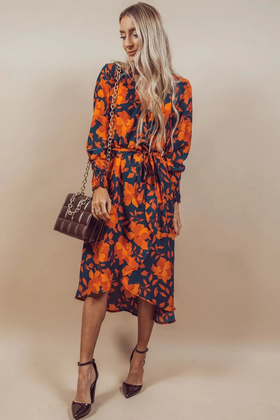 Shewin Women's Orange Floral Print Wrap V-Neck Belted Midi Dress