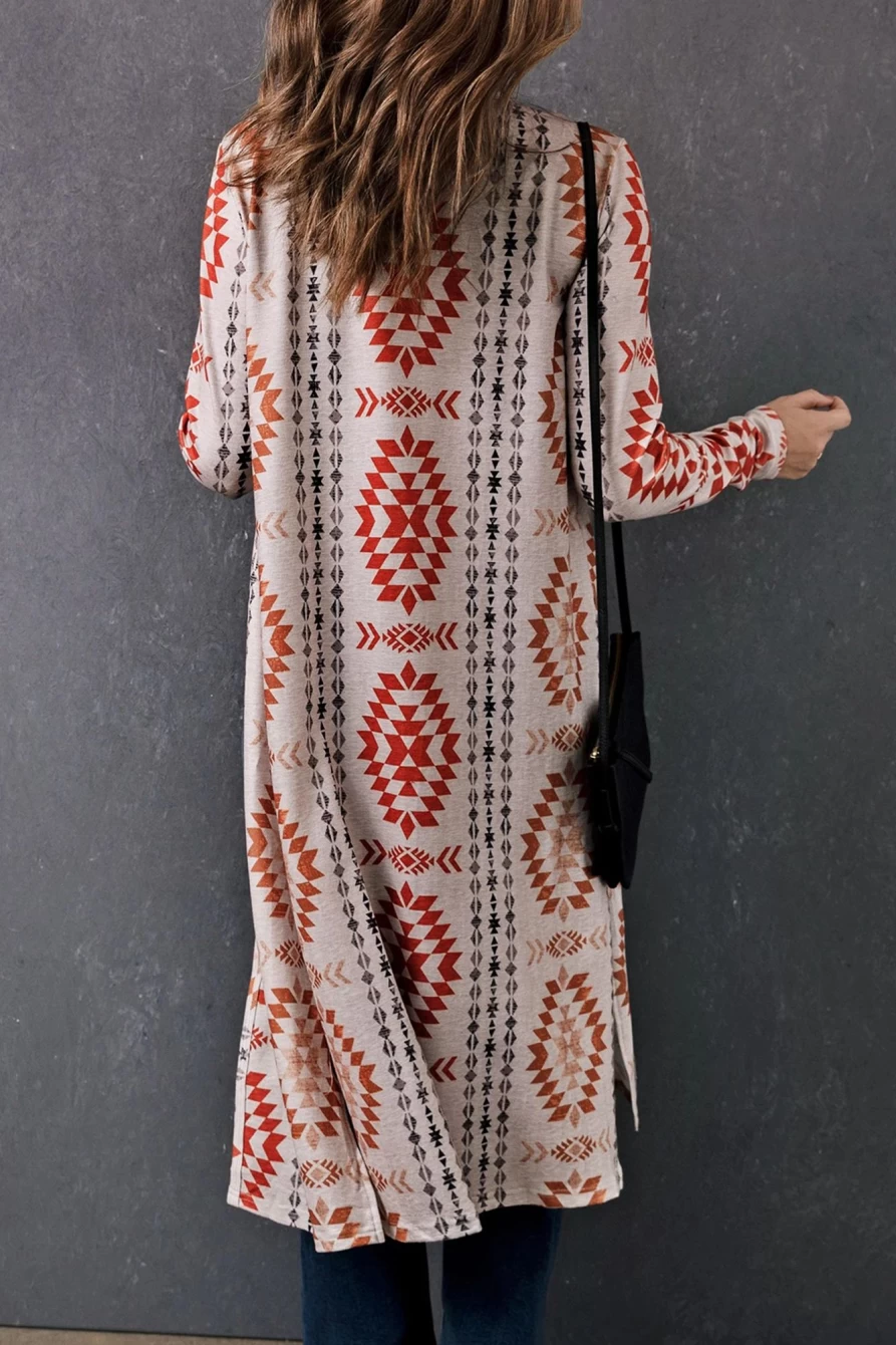 Women's Gray Open Front Long Cardigan with Geometric Print - Shewin