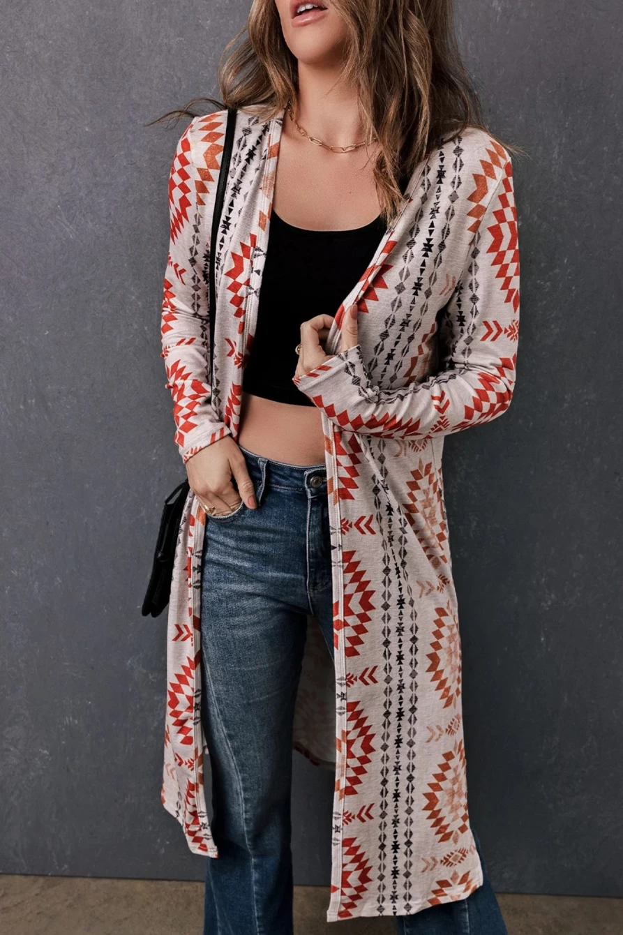 Women's Gray Open Front Long Cardigan with Geometric Print - Shewin