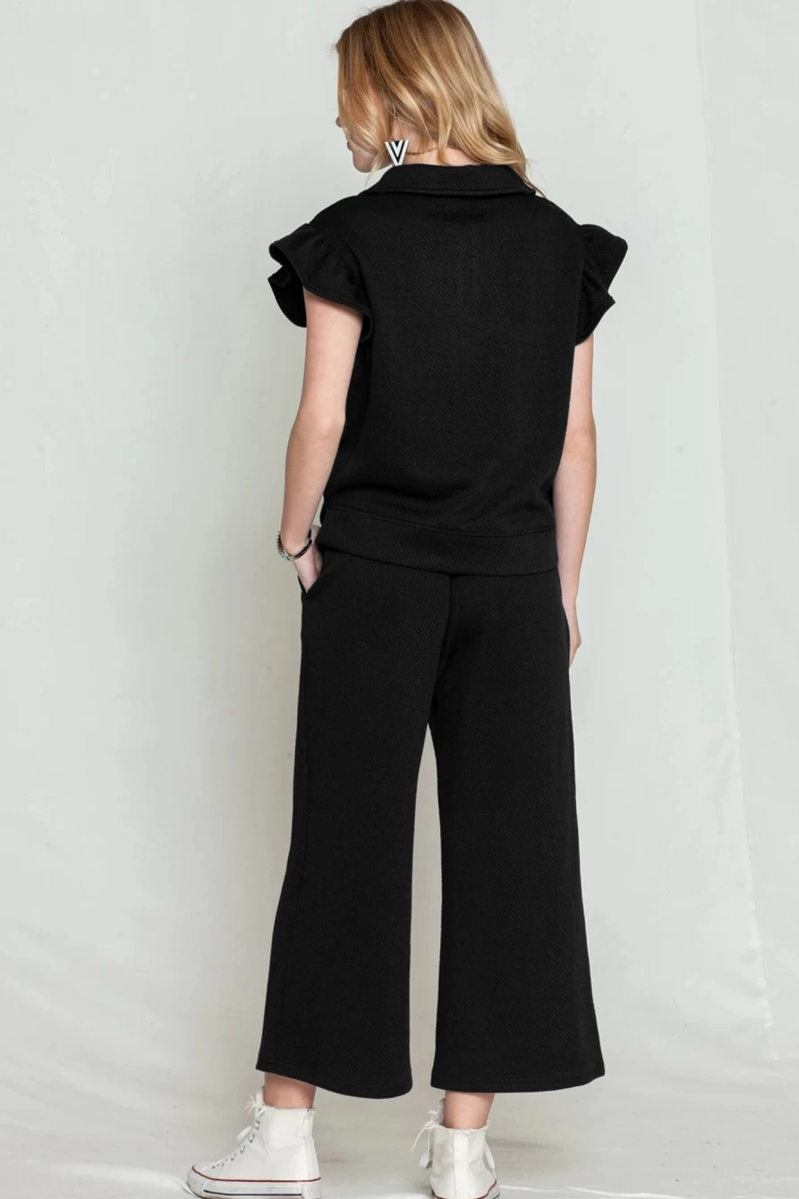 Shewin Women's Black Textured Ruffle Cap Sleeve Top & Wide Leg Pants Set