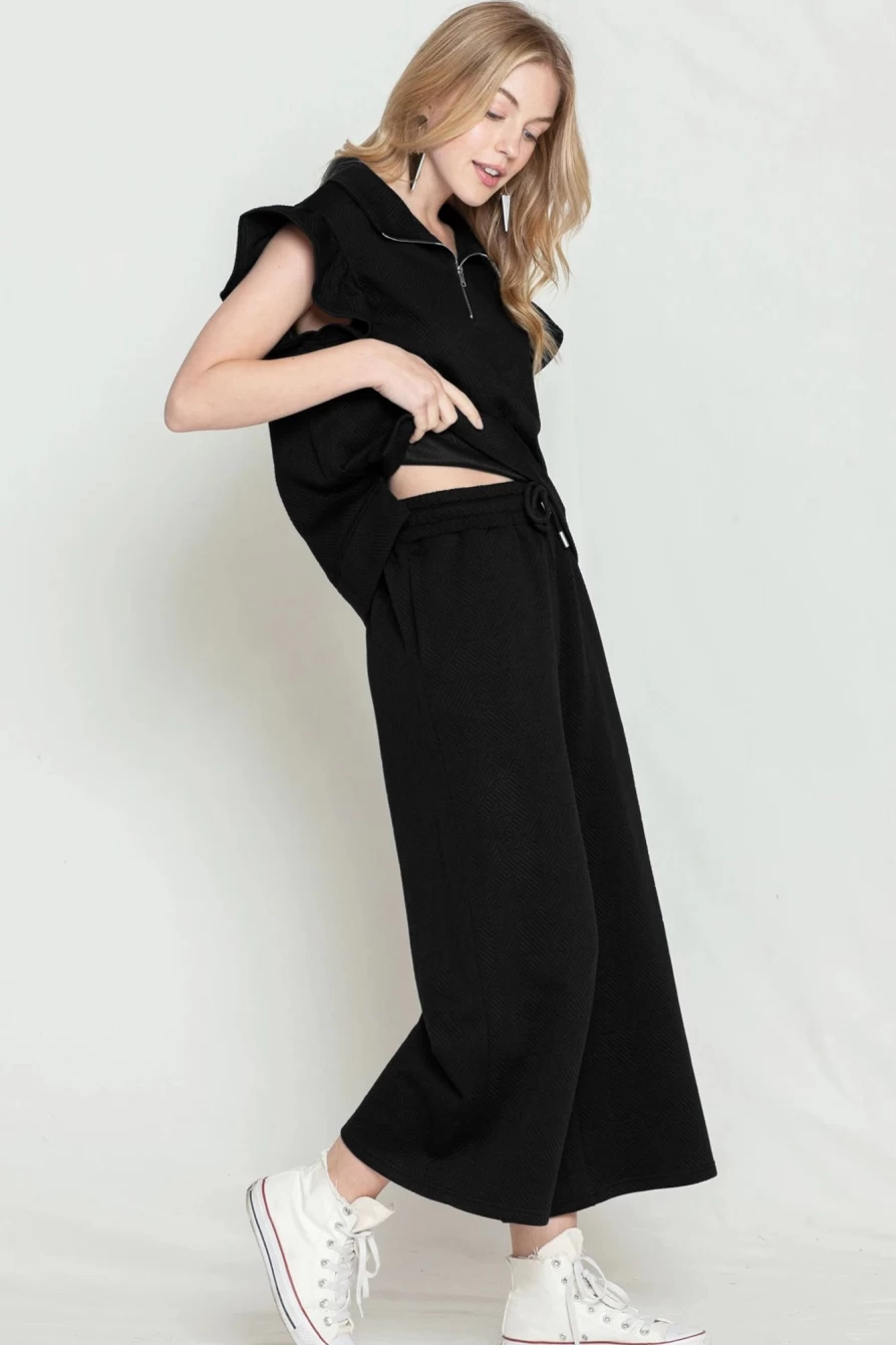 Shewin Women's Black Textured Ruffle Cap Sleeve Top & Wide Leg Pants Set