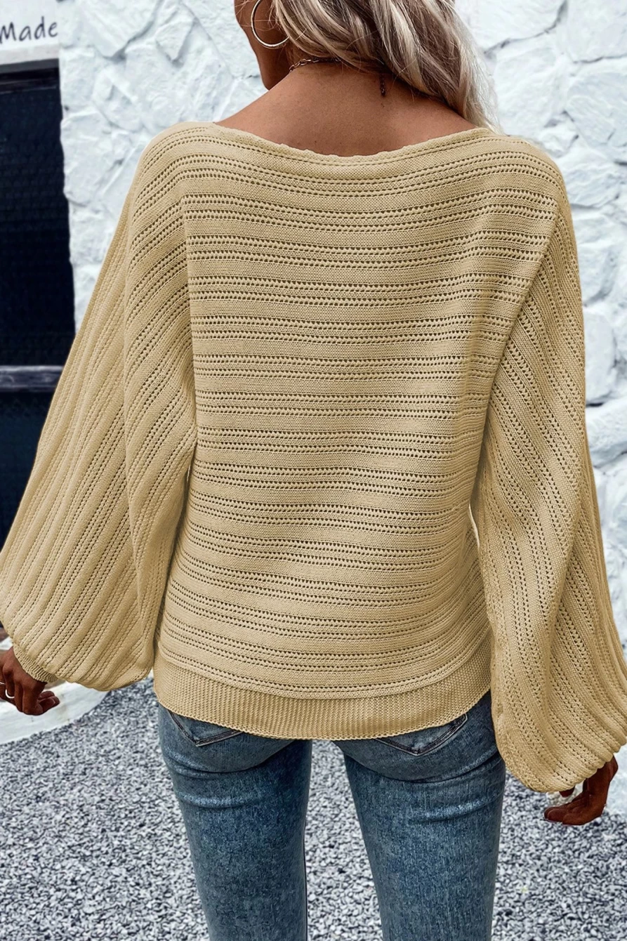 Shewin Women's Apricot Casual Knit Sweater with Lantern Sleeves & Eyelet Detail