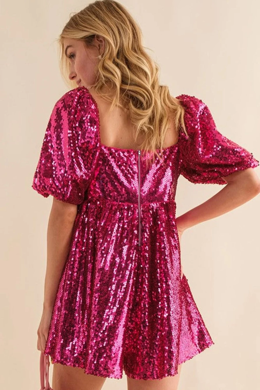 "Shewin Women's Rose Red Sequins Square Neck Puff Sleeve Babydoll Romper"