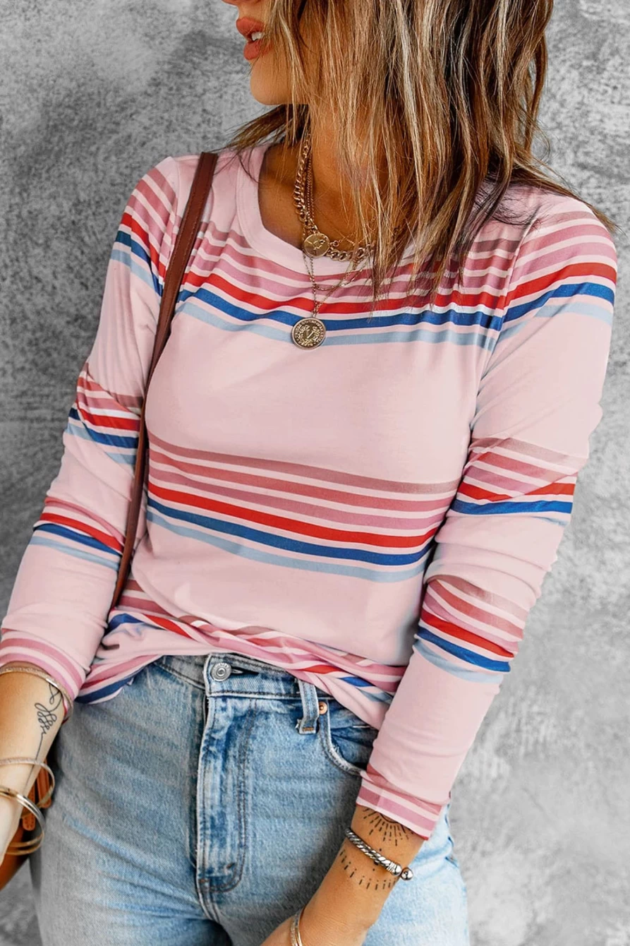 Shewin Women's Pink Stripe Print Casual Long Sleeve Shirt