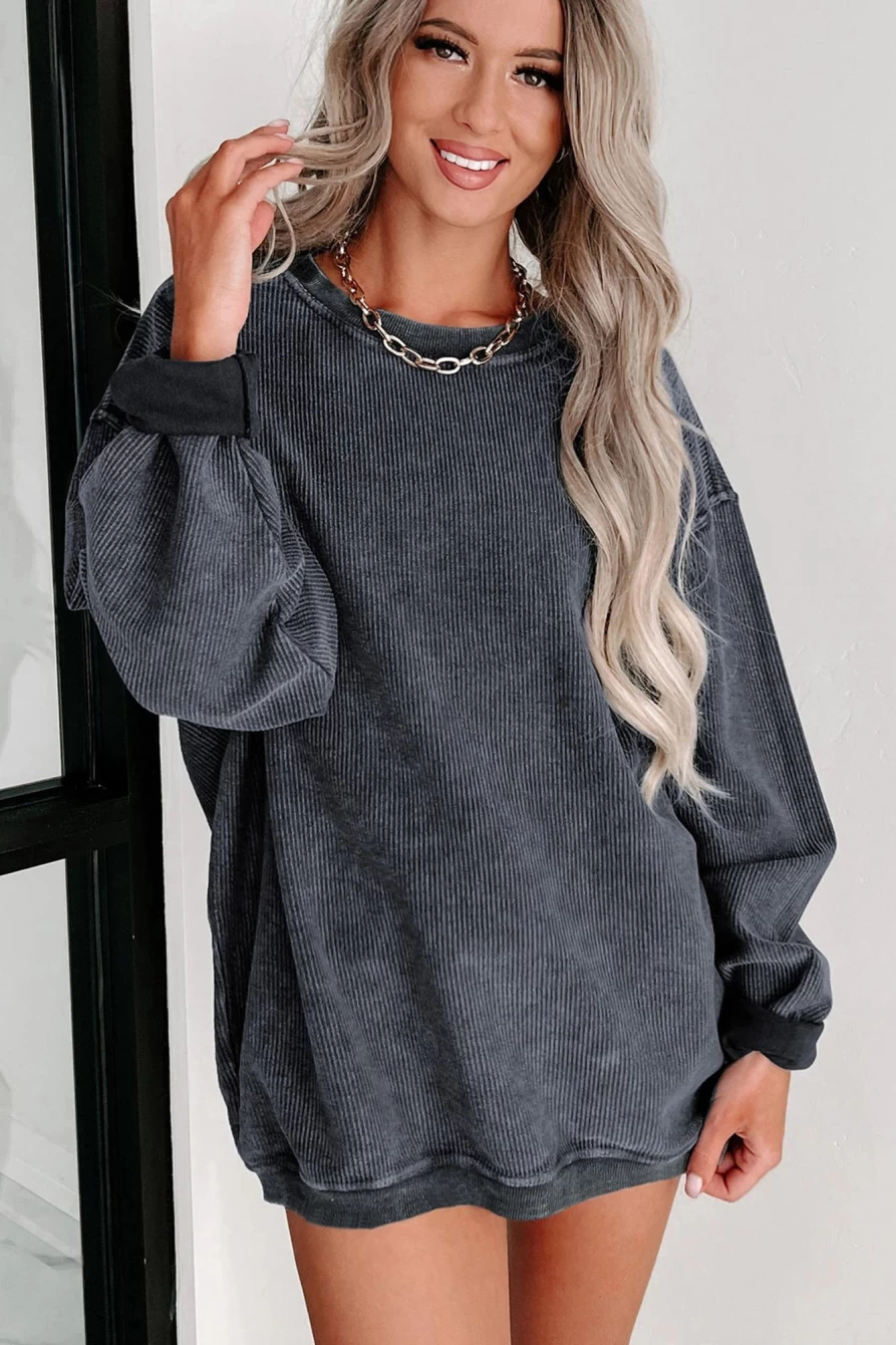 Shewin Women's Gray Solid Ribbed Knit Round Neck Pullover Sweatshirt