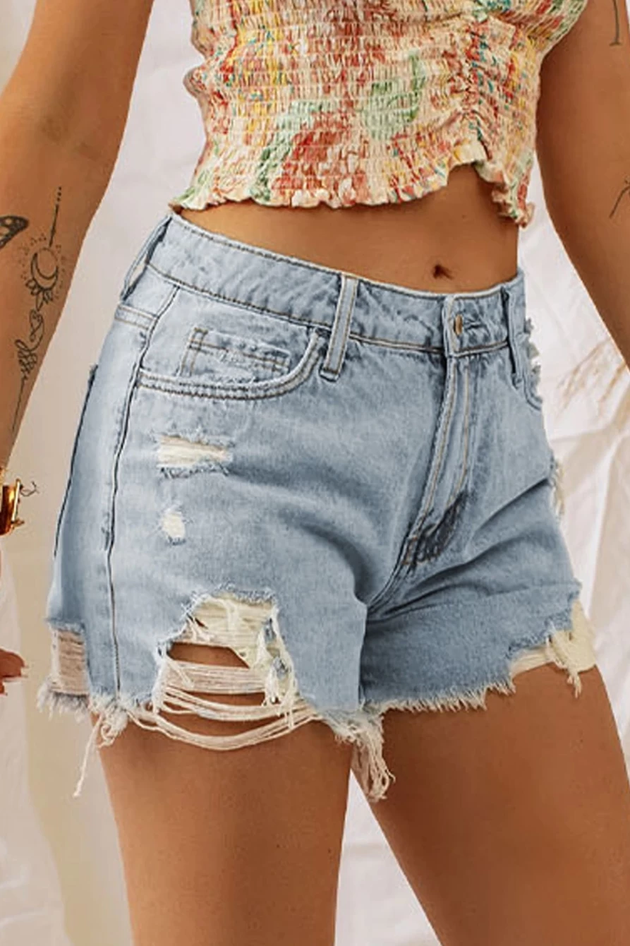 Women's Sky Blue Distressed Washed Raw Hem Denim Shorts by Shewin