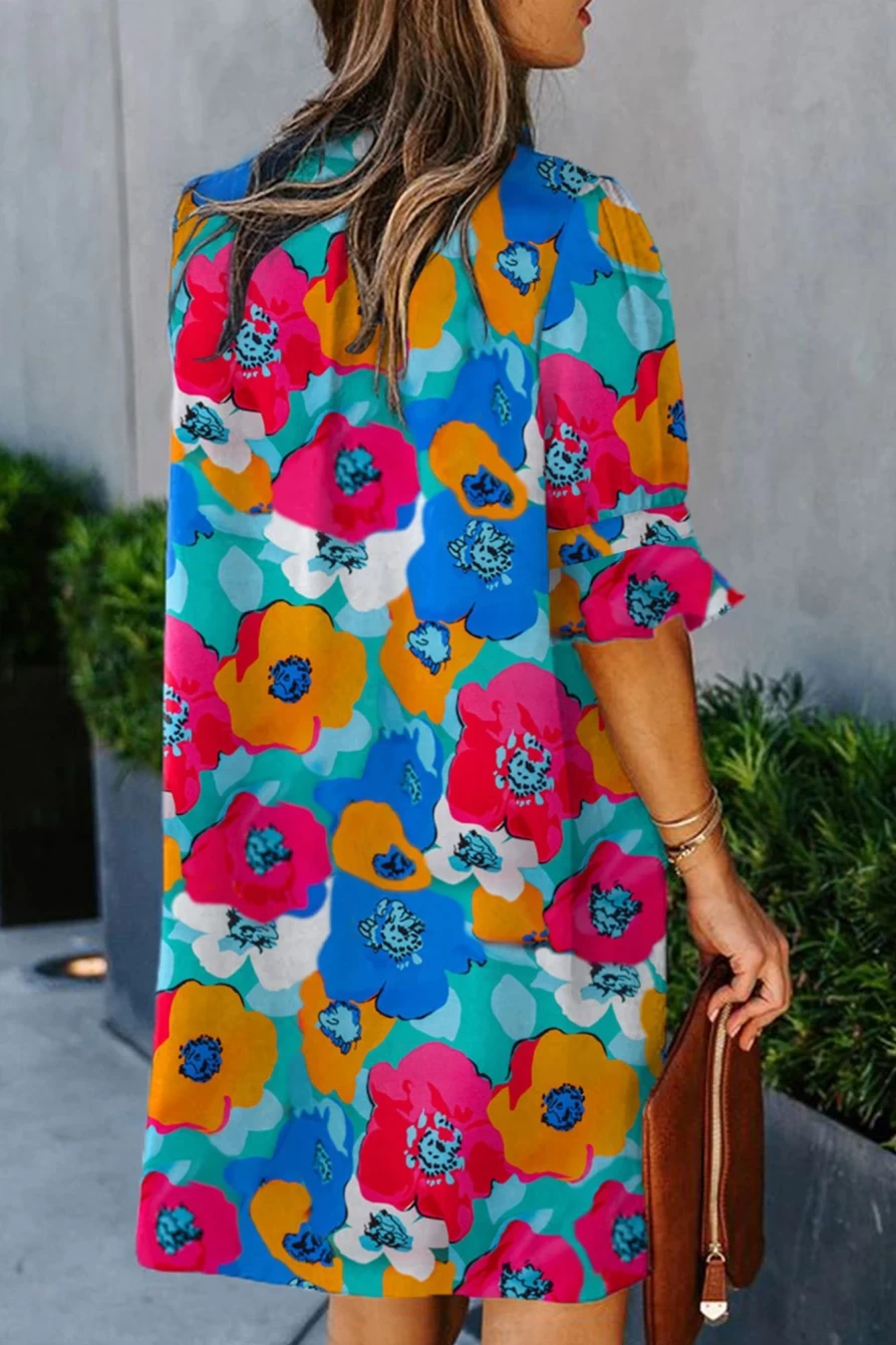 Shewin Women's Multicolor Floral Print Mandarin Collar Short Sleeve Tunic Dress